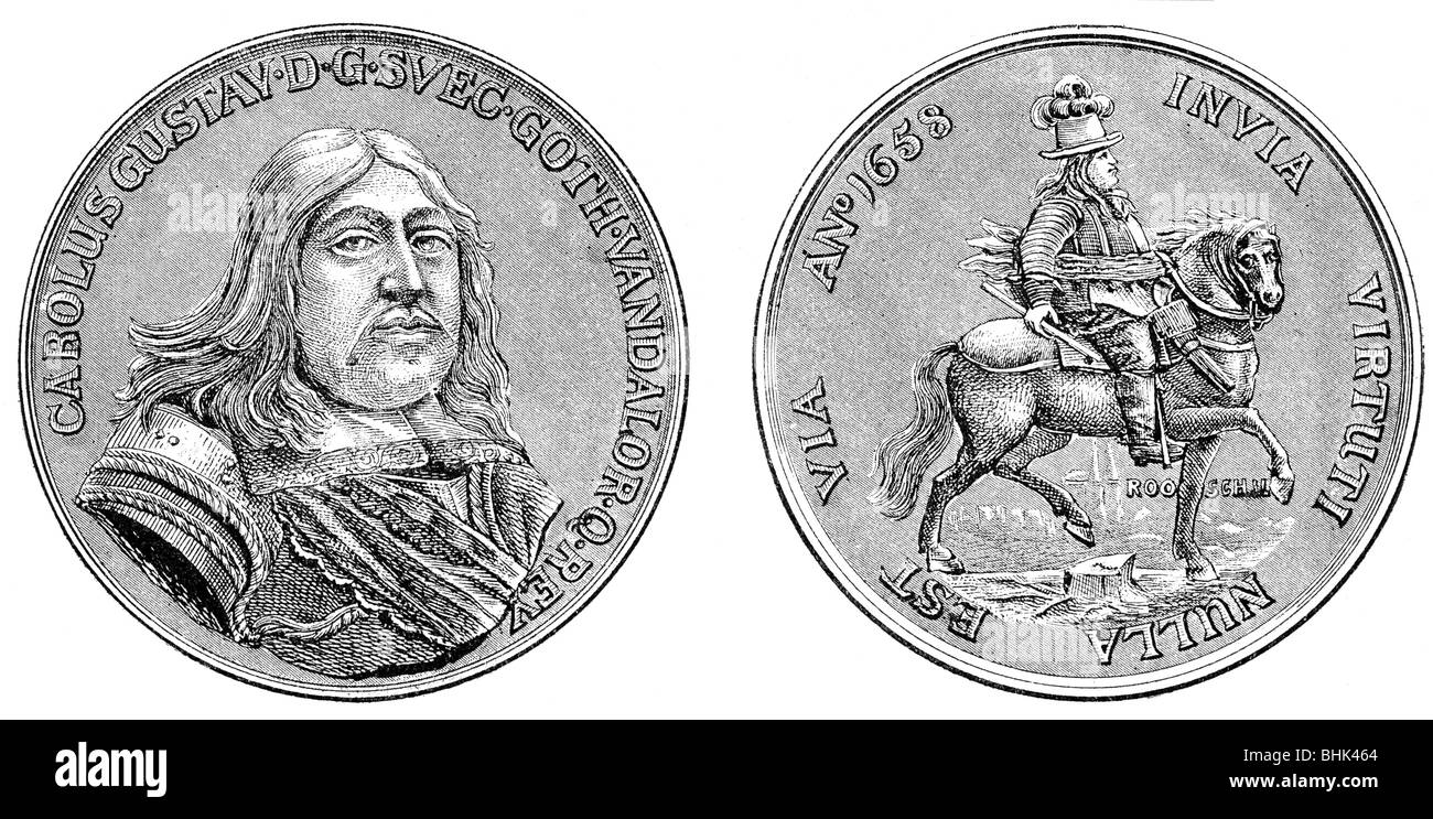 Charles X Gustav, 8.11.1622 - 23 2.1660, Re di Svezia 16.6.1654 - 23.2.1660, medaglia per commemorare la sua marcia sul ghiaccio della Grande Cintura, 1658, incisione in legno, 19th secolo, , Foto Stock