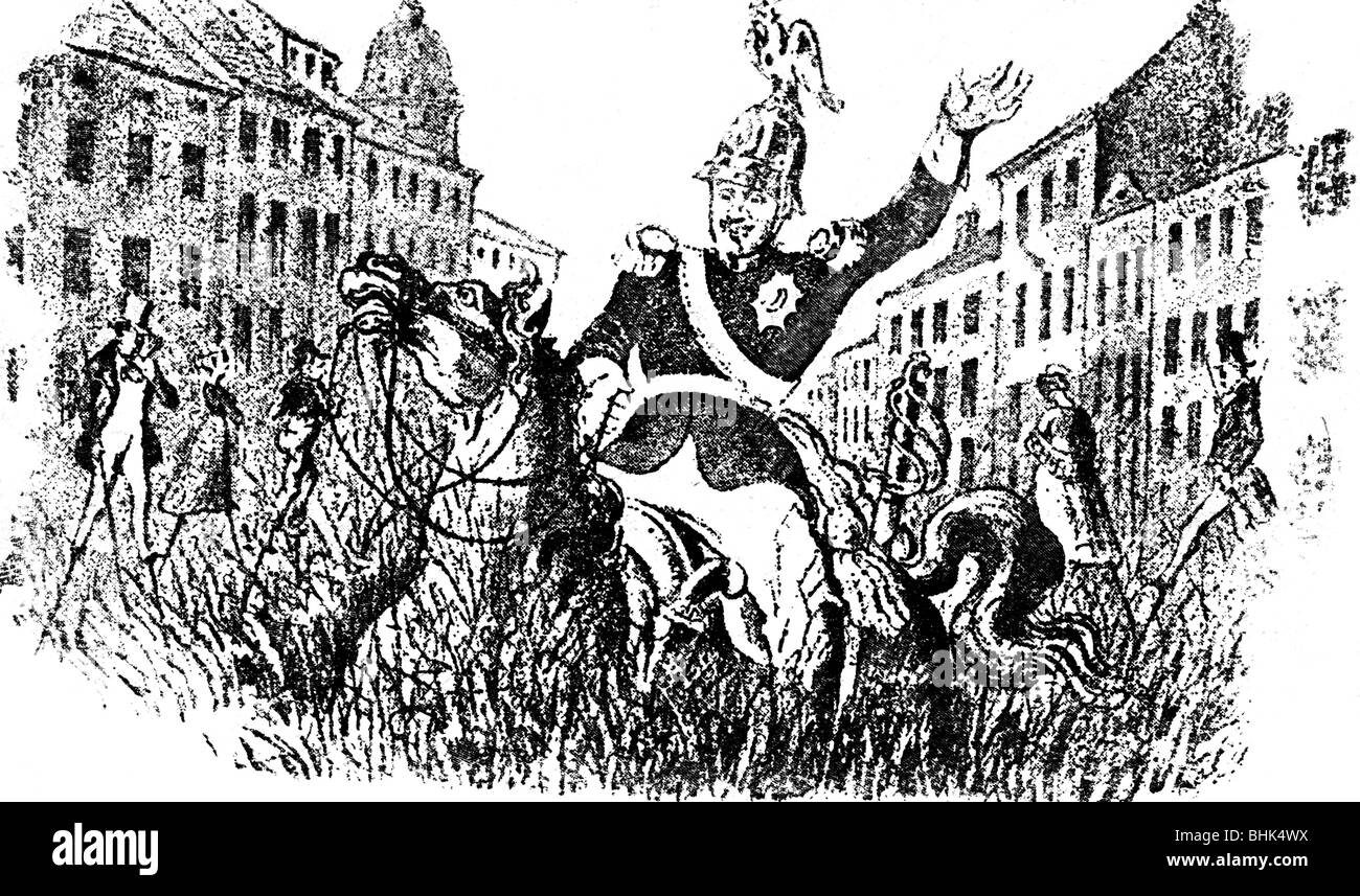 Wrangel, Friedrich Heinrich conte di, 13.4.1784 - 1.11.1877, generale prussiano, caricatura, 'quanto triste vedo di nuovo Berlino, erba sta crescendo nelle strade, le case sono desolate, che deve cambiare...' disegno, 'Leuchtturm', 1848, , Foto Stock