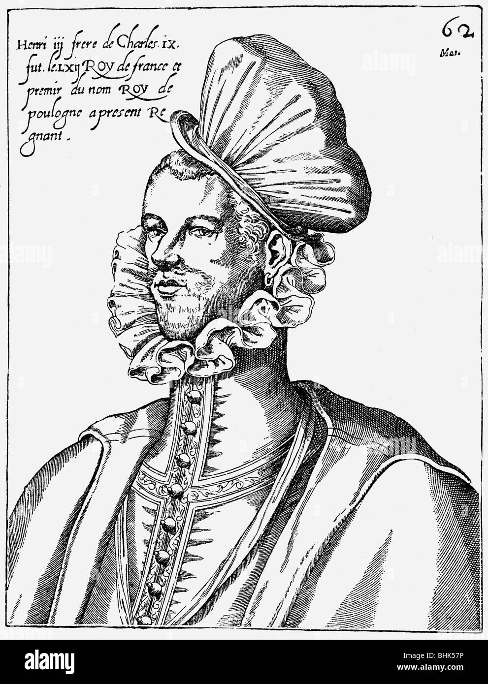 Enrico III, 19.9.1551 - 2.8 1589, Re di Francia 30.5.1574 - 2.8.1589, ritratto, incisione su rame, XVI secolo, , artista del diritto d'autore non deve essere cancellata Foto Stock