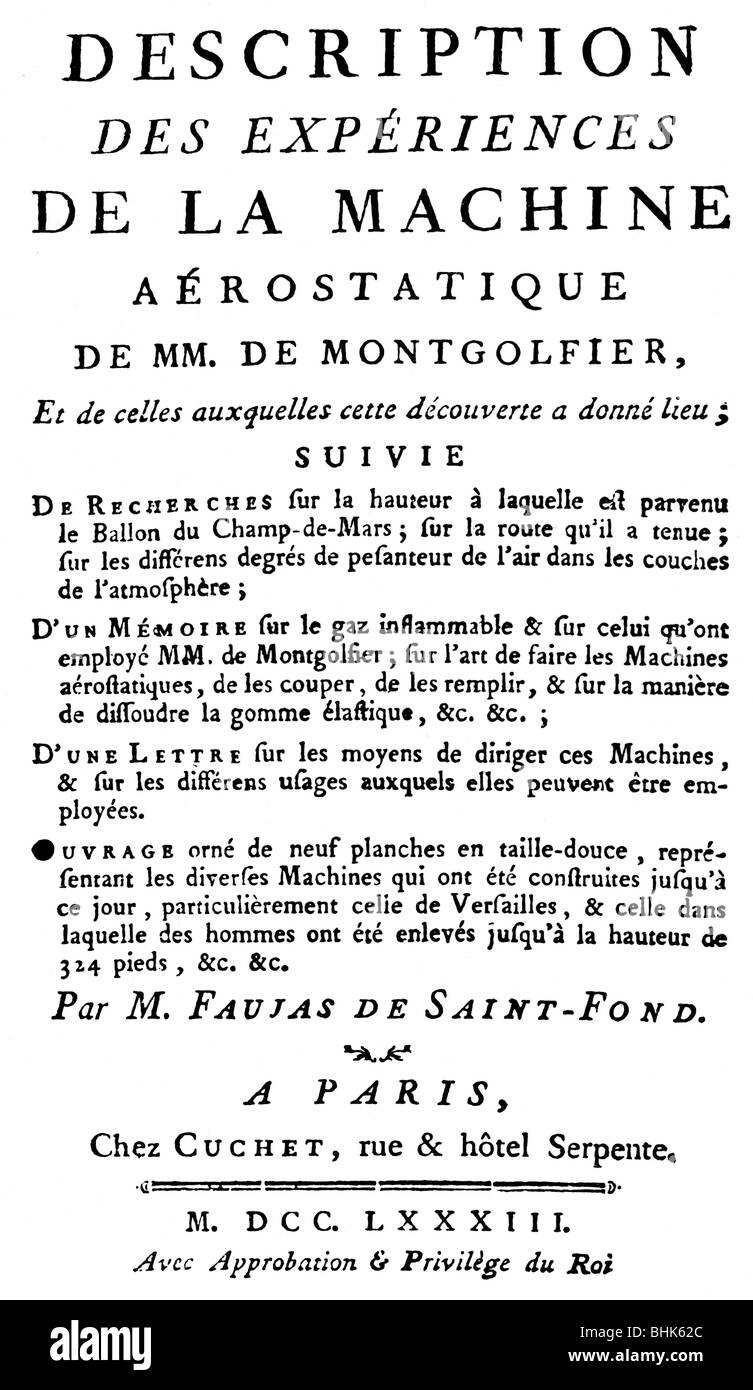 Faujas de Saint-Fond, Barthelemy, 17.5.1741 - 18.7.1819, geologo francese, opere, 'Descrizione delle esperienze de la macchina Aerostatique de MMM. Montgolfier', Chez chuchet, Paris, 1783, title, , Foto Stock