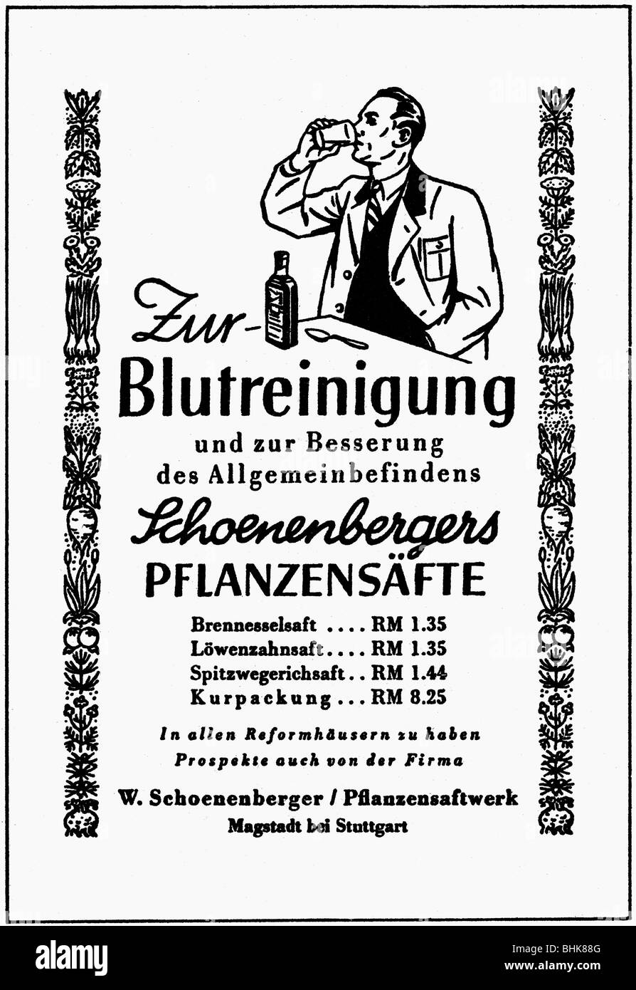 Pubblicità, medicina, succhi vegetali di Schoenenberger per la purificazione del sangue, pubblicità, 'Atlantis', marzo 1942, Foto Stock