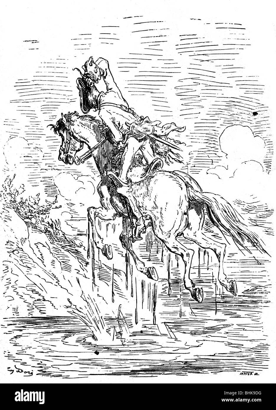 Munchhausen, Karl Friedrich Hieronymus von, 11.5.1720 - 22.2.1797, funzionario tedesco, avventure, tirando lo stesso al suo ciuffo fuori della palude, incisione su legno da Gustave Doré, 1866 , artista del diritto d'autore non deve essere cancellata Foto Stock