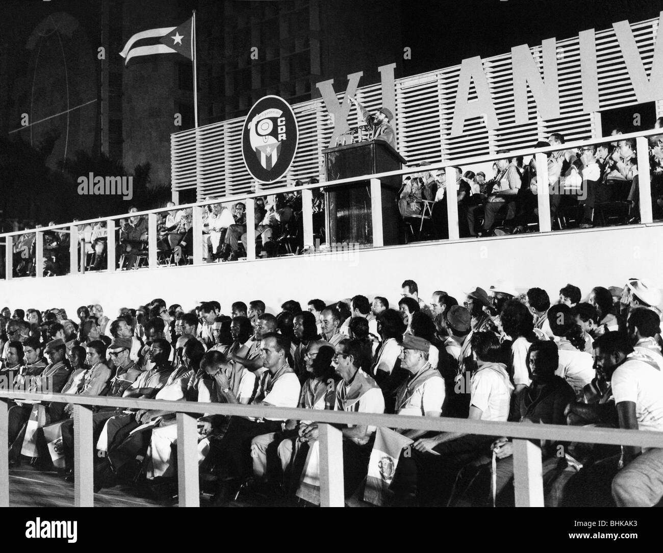 Castro, Fidel, * 13.8.1926, politico cubano, Presidente di Cuba dal 1976, scena, dando voce all'Avana, 11th anniversario del CDR (Comites de Defensa de la Revolucion), agosto 1971, Foto Stock