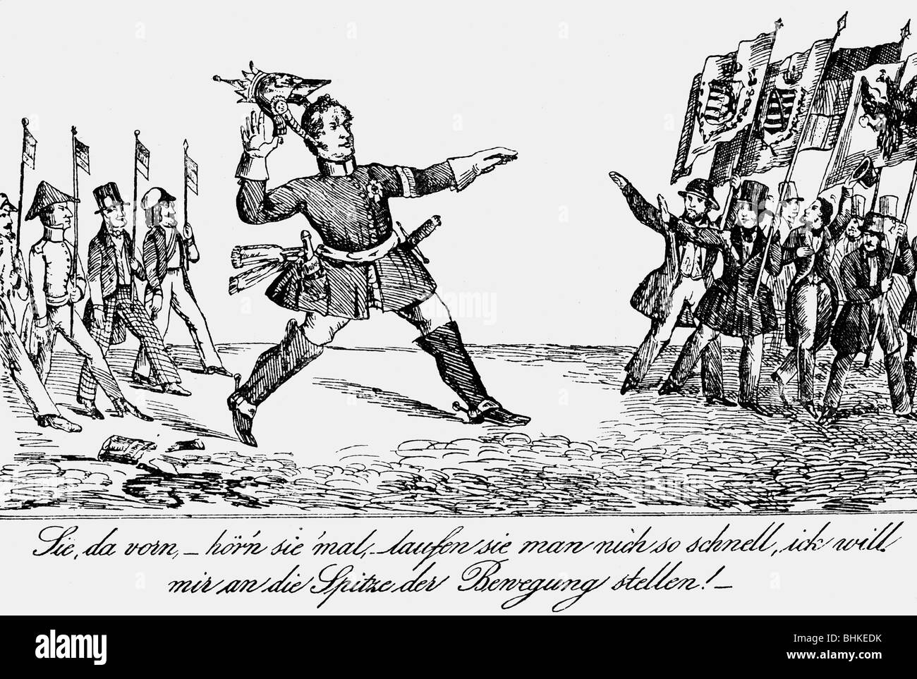 Frederick William IV, 15.10.1795 - 2.1.1861, Re di Prussia 7.6.1840 - 26.10.1858, caricatura, 'Ehi, ascolta, non correre così veloce, voglio diventare la testa del movimento', disegno, 1848, , Foto Stock