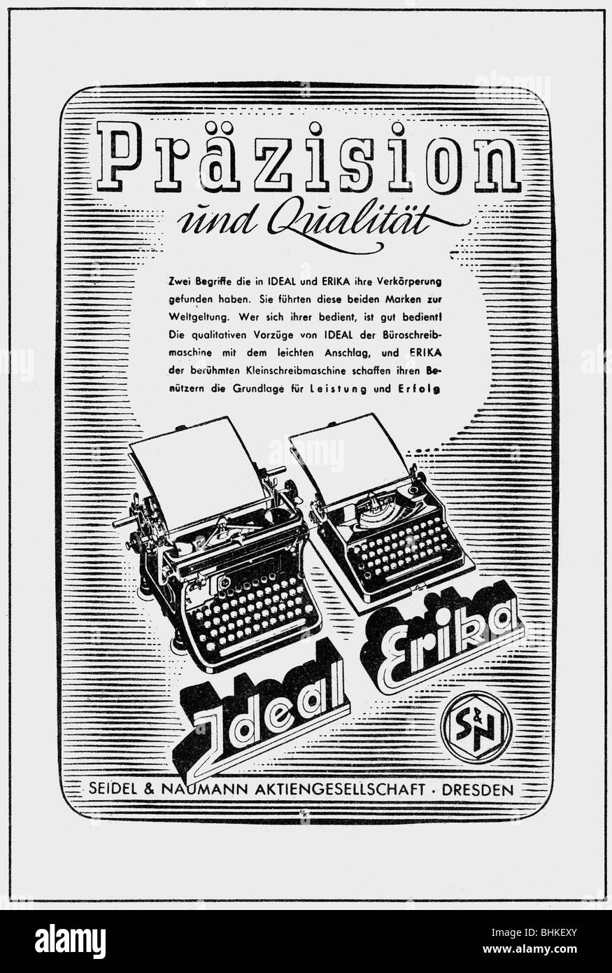 Pubblicità, industria, macchine da scrivere, 'Ideal' e 'Erika', Seidel und Naumann AG, Dresda, advert, Germania, 1942, Foto Stock