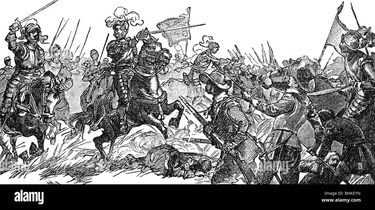 Enrico IV, 13.12.1553 - 14.5.1610, re di Francia 27.2.1594 - 14.5.1610, nella battaglia di Fontaine-Francaise, 5.6.1595, incisione in legno, 19th secolo, , Foto Stock