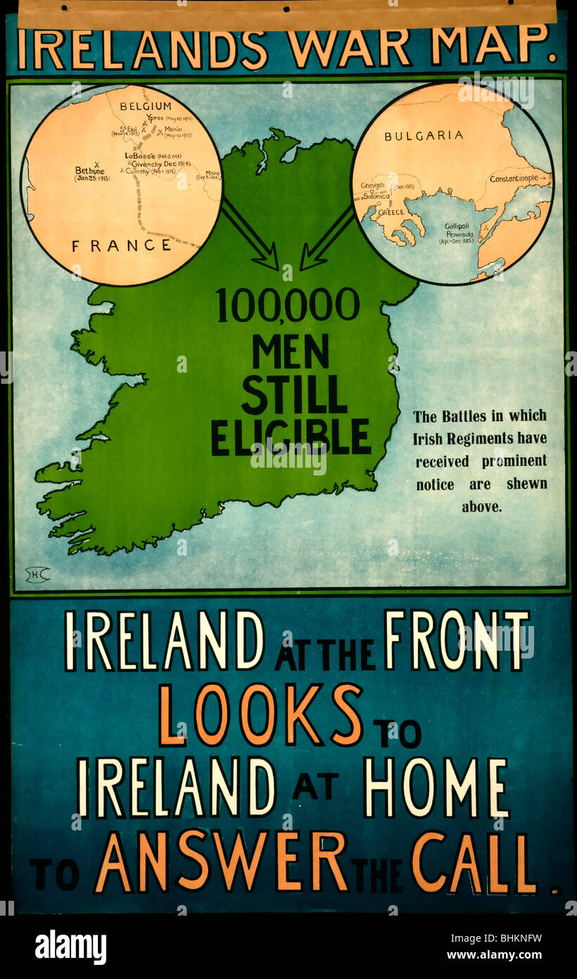 In Irlanda la guerra della mappa. 100.000 uomini ancora ammissibili. L'Irlanda sulla parte anteriore sembra in Irlanda a casa per rispondere alla chiamata - WWI Poster Foto Stock
