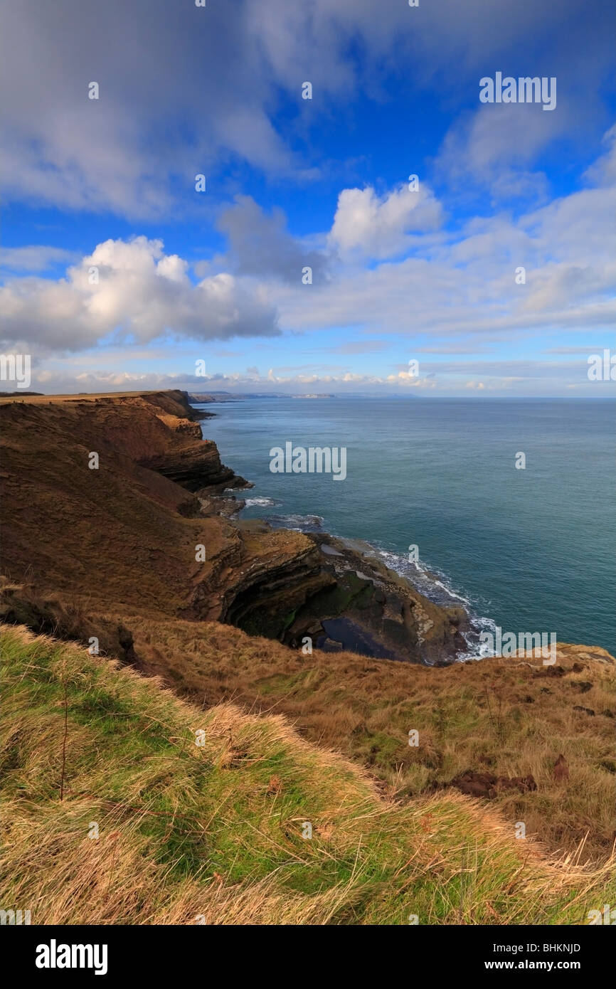 Filey Brigg naturale promontorio di roccia e la spiaggia dalla Yorkshire Wolds Way, Filey, North Yorkshire, Inghilterra, Regno Unito. Foto Stock