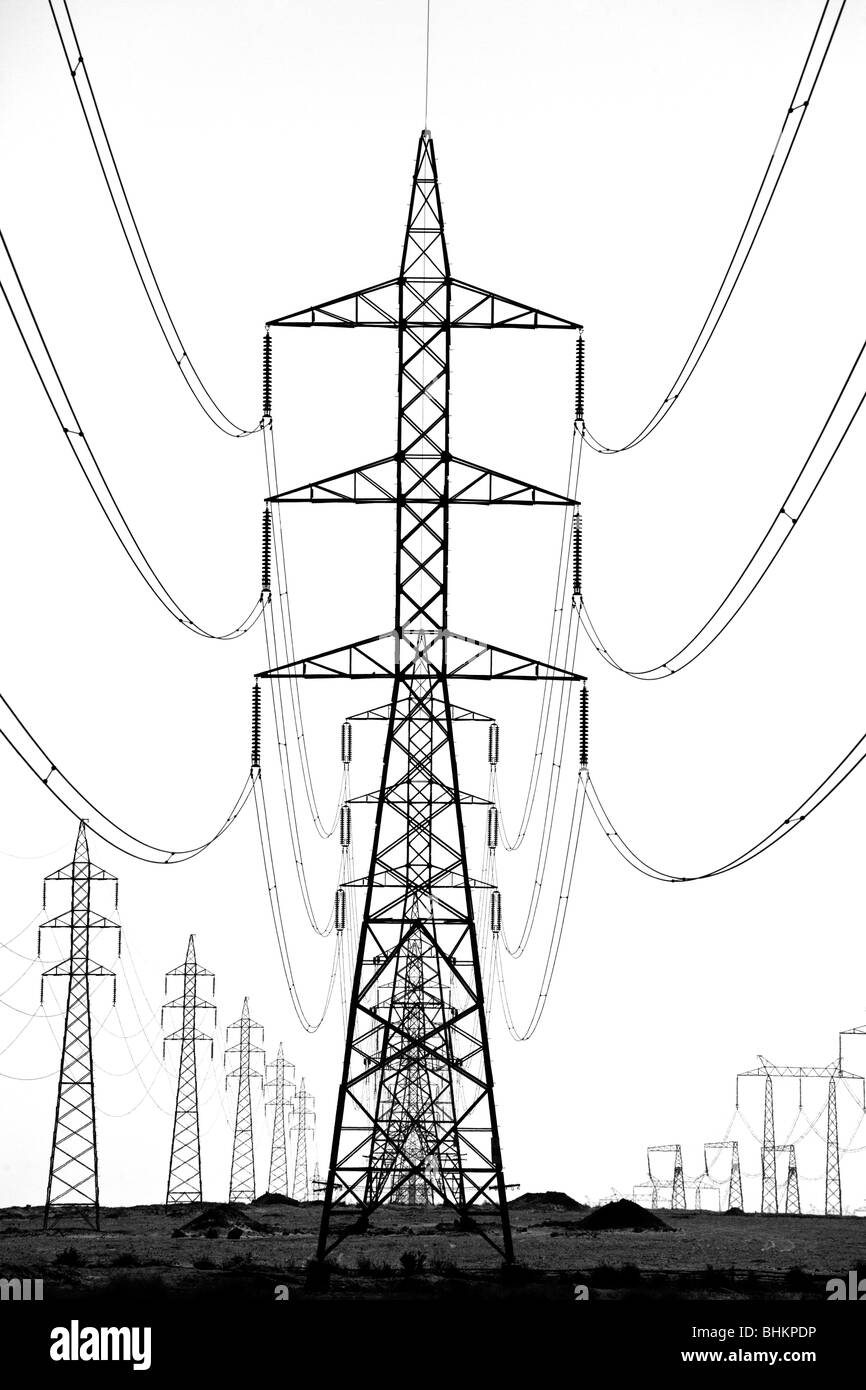 L'energia elettrica di alimentazione del pilone, Fayyoum, Egitto Foto Stock