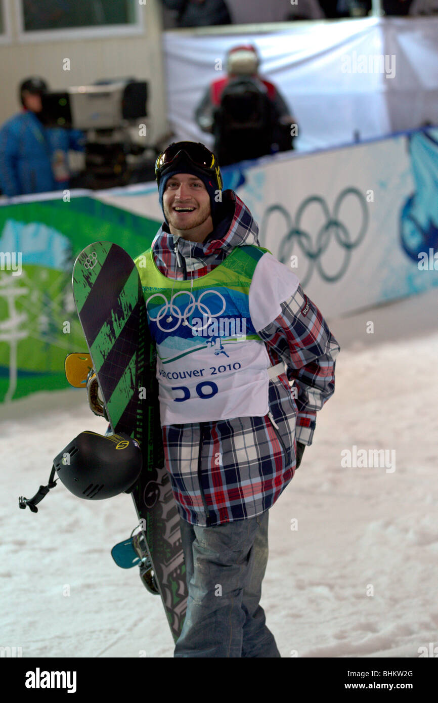 Scott Lago (USA) vince la medaglia di bronzo nella uomini Snowboard Halfpipe evento presso le Olimpiadi Invernali 2010, Foto Stock