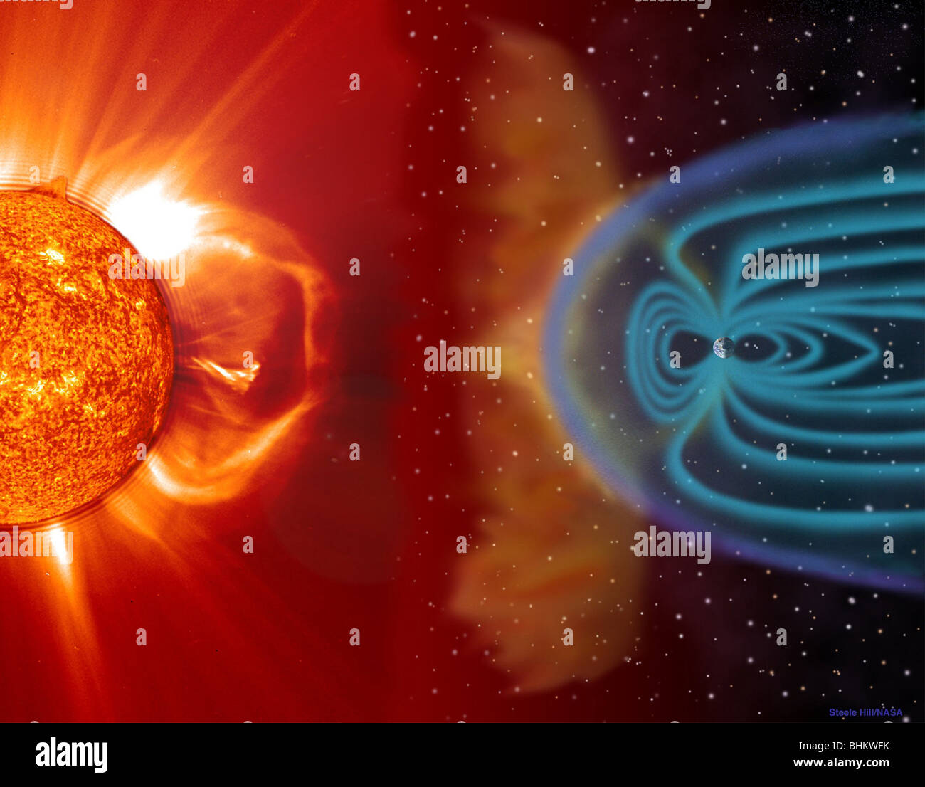 Il Sun il campo magnetico e le versioni di plasma influenzano direttamente la massa e il resto del sistema solare. Artista della illustrazione Foto Stock