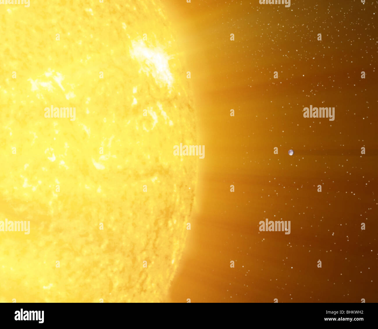 Questa illustrazione mostra le dimensioni relative del sole e della Terra mediante il loro inserimento impossibilmente chiudere insieme. Foto Stock