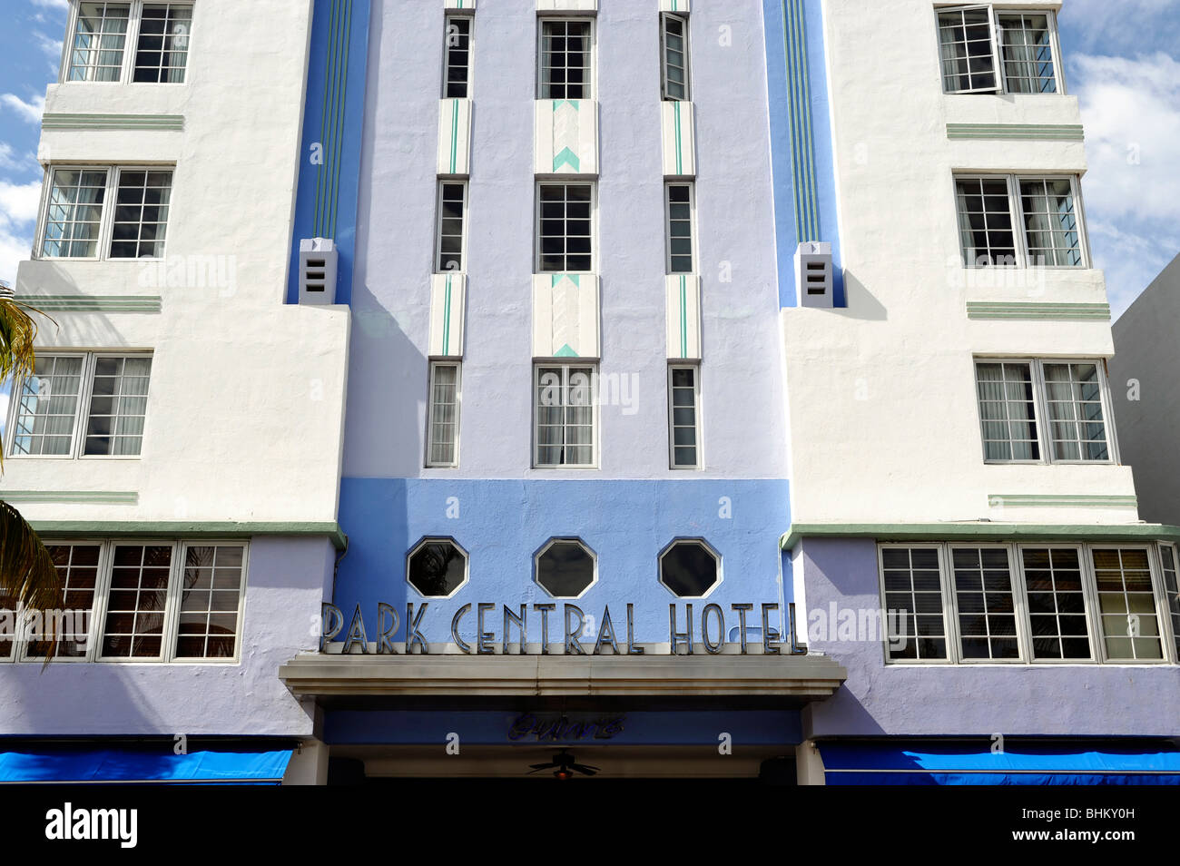 Dettaglio del Park Central Hotel, quartiere Art Deco di South Beach, Miami Beach, FL, Stati Uniti d'America Foto Stock