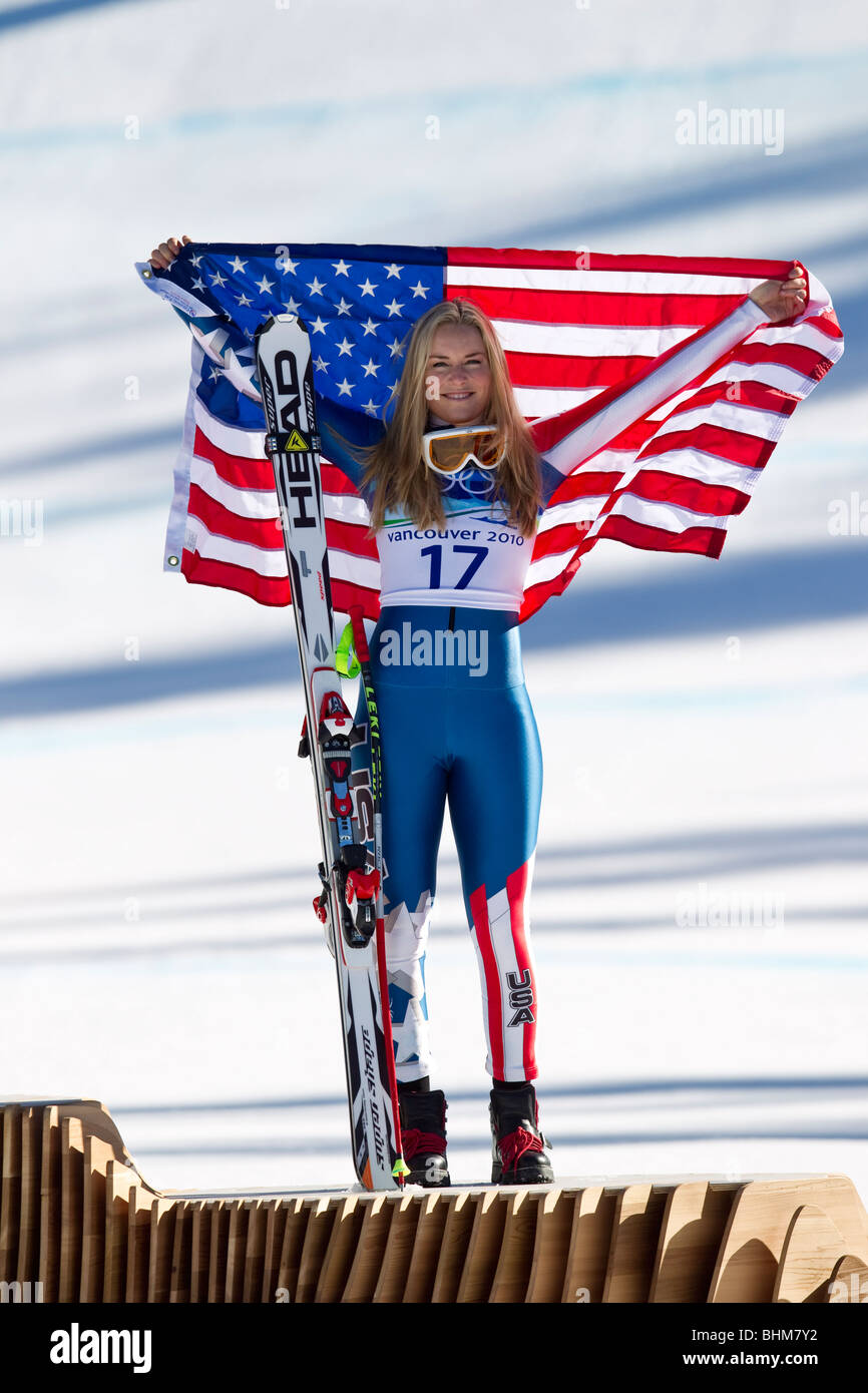 Lindsey Vonn (USA), medaglia di bronzo vincitore nel femminile Sci Alpino Super G evento presso il 2010 Giochi Olimpici invernali di Vancouver, Foto Stock