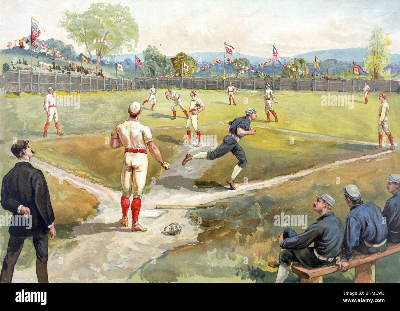 Litografia stampa a colori c1887 raffigurante un inizio gioco di baseball negli Stati Uniti d'America. Foto Stock