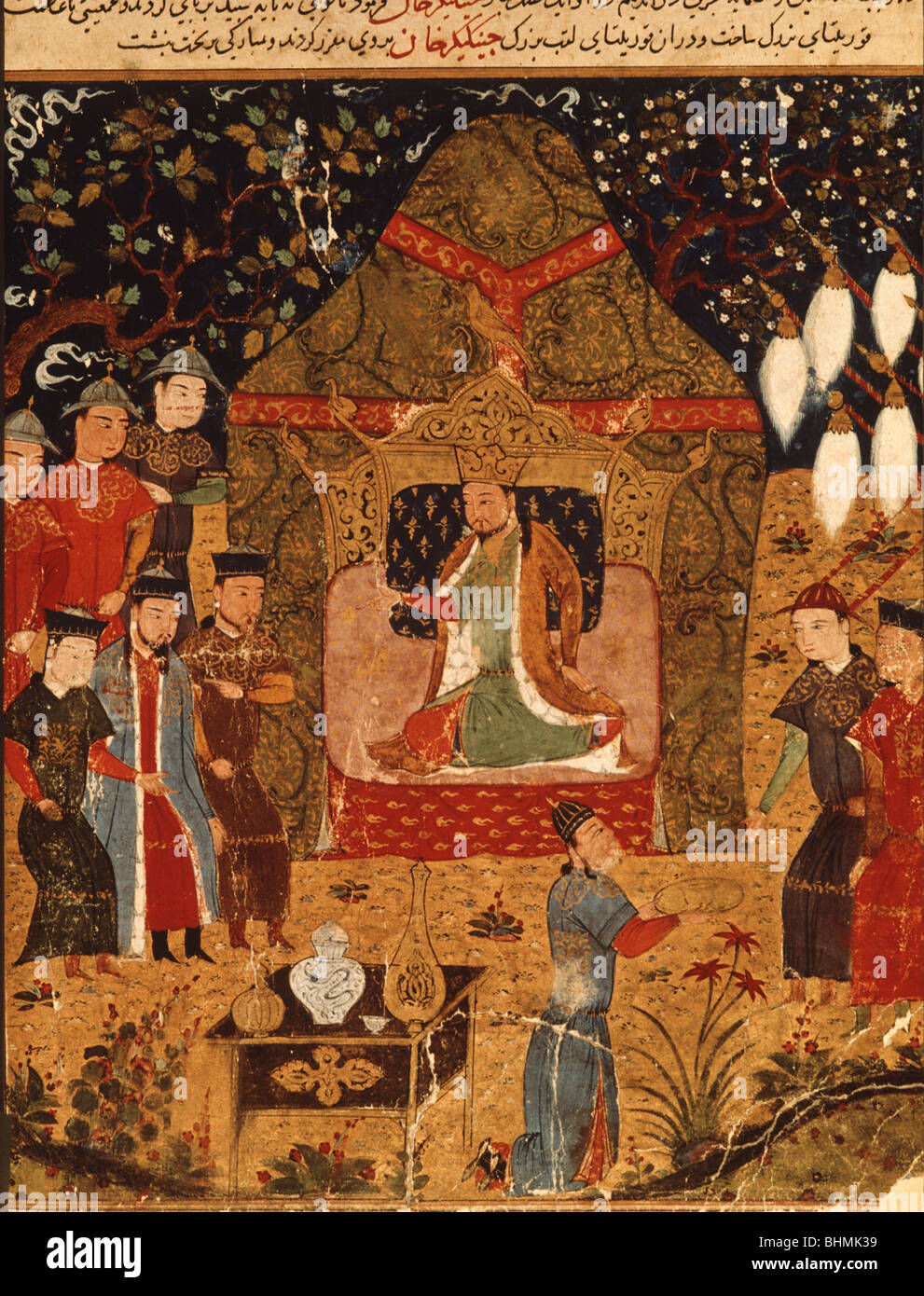 Gengis Khan in trono con i suoi figli, Ogedei e Jochi Ms suppl persiano 1113 f44v da Rachid al-Din Fazl -ollah Hamadani Foto Stock