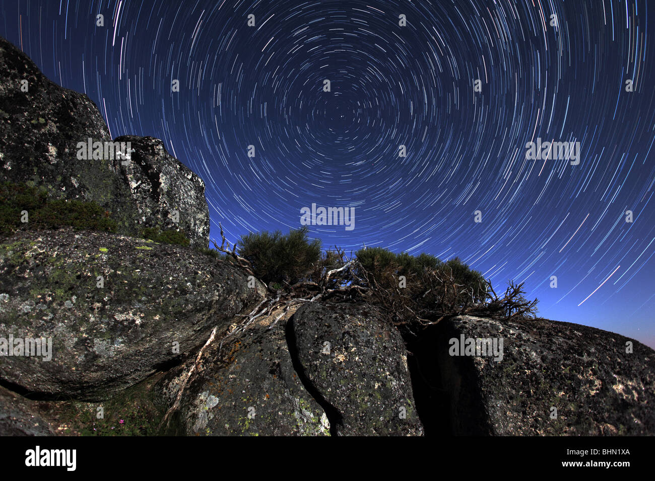 Alcune tracce stellari e la stella polare (Polaris) in una notte di luna piena in Serra da Estrela, Portogallo Foto Stock