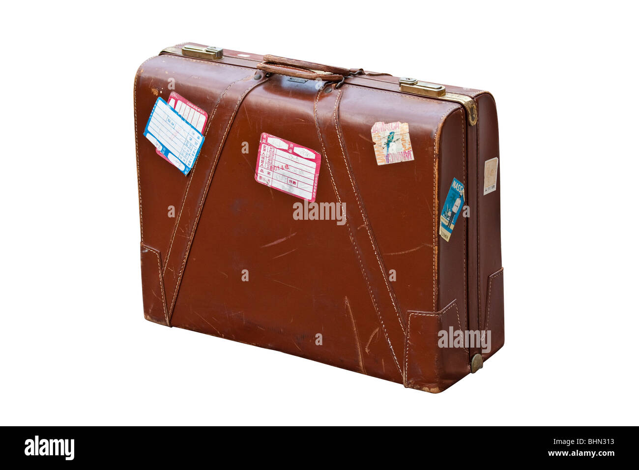 Viaggiato molto vecchia valigetta in pelle con visa adesivi Foto Stock