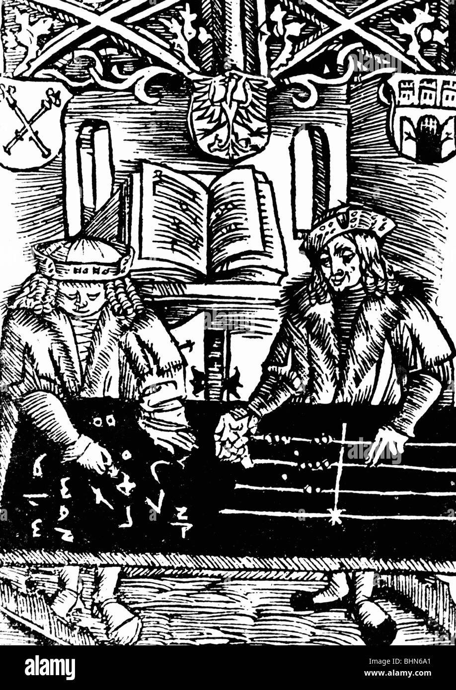 La scienza, matematica, calcolare con un telaio di conteggio e arabo (indiano) lettere, xilografia di Florian Ungler, 1513, calculatio Foto Stock