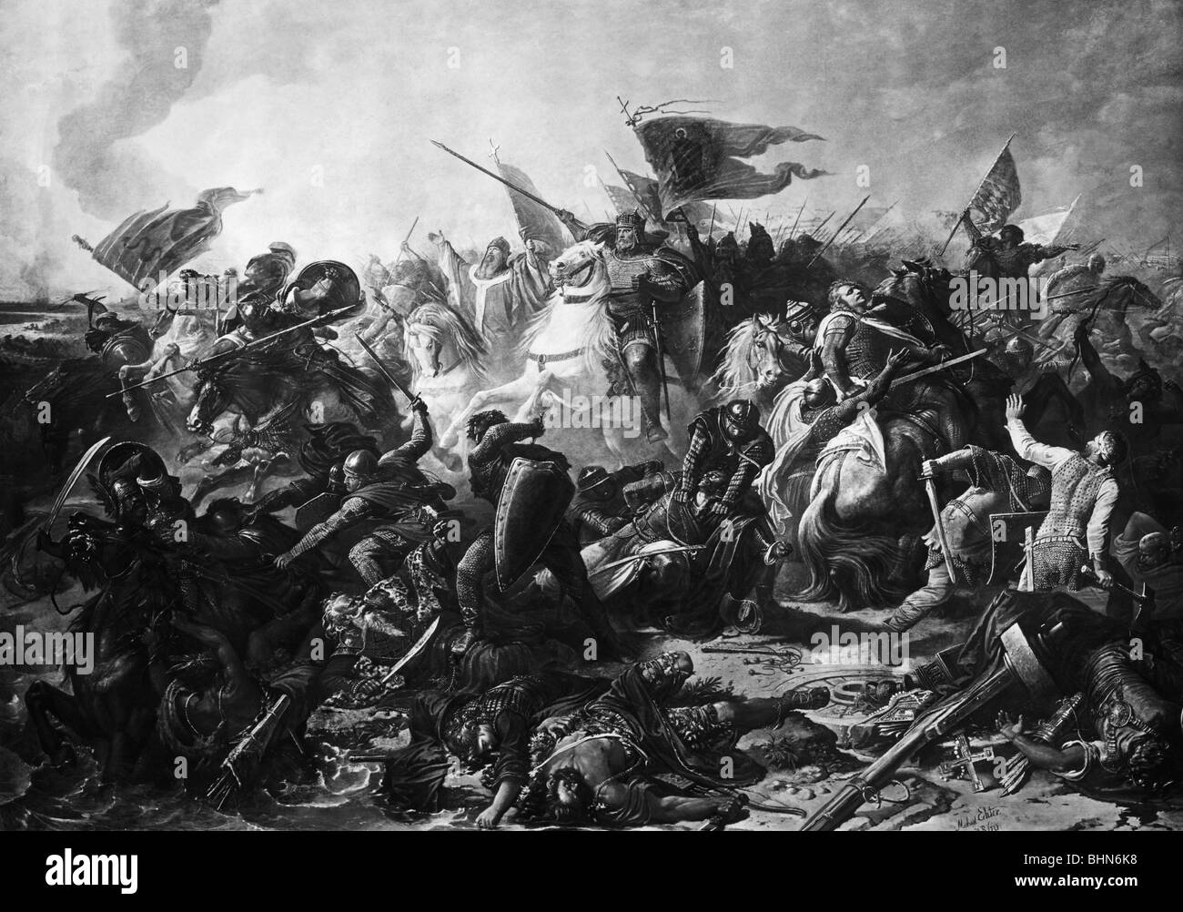 Otto i 'il Grande', 23.11.912 - 7.5.973, Sacro Romano Imperatore 962 - 973, scena, Battaglia di Lechfeld contro i Magyars 955, accanto a lui vescovo Ulrich di Augsburg, dipinto di Michael Ehler, 1860, Foto Stock