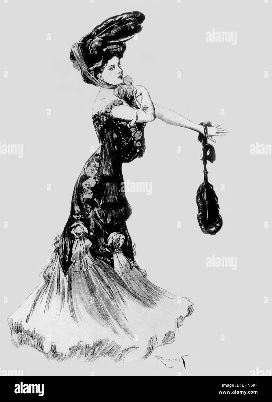 Moda, 19th secolo, donna, intera lunghezza, disegno di Ferdinando von Reznicek, storico, storico, donne, cappello con piume, borsa, borsa, borsa, gente, femmina, Foto Stock