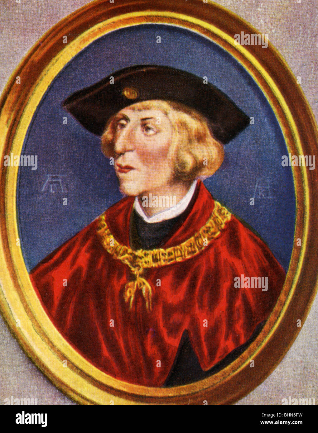 Massimiliano I, 22.3.1459 - 12.1.1519, Sacro Romano Impero 4.2.1508 - 12.1.1519, ritratto, stampa dopo la miniatura da Albrecht Dürer, circa 1515, carta di sigaretta, Germania, 1933, , artista del diritto d'autore non deve essere cancellata Foto Stock