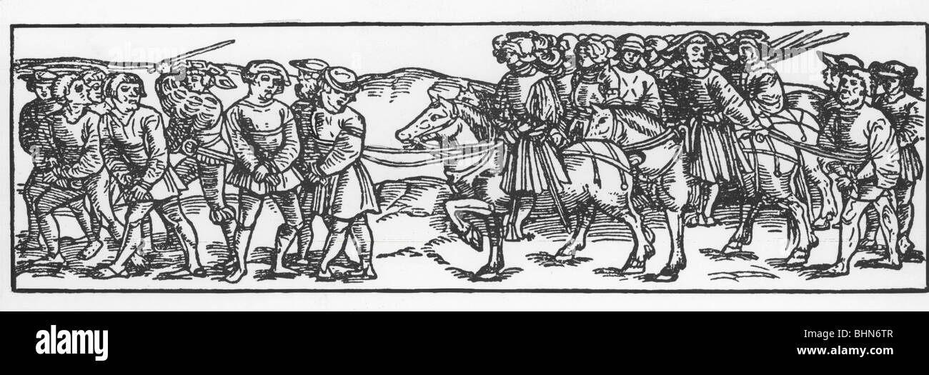 Eventi, guerra Dei Contadini tedeschi 1524 - 1526, i contadini catturati sono stati marciato dopo la battaglia di Frankenhausen, 15.5.1525, prigionieri, rivolta, ribellione, rivolta, Turingia, sconfitta, 16th secolo, Germania, storico, storico, popolo, Foto Stock
