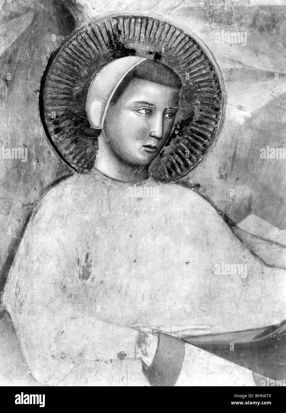 Francesco d'Assisi, San Giovanni Bernardone, pastore italiano (1182 - 1226), a mezza lunghezza, particolare di un affresco di Giotto, Foto Stock