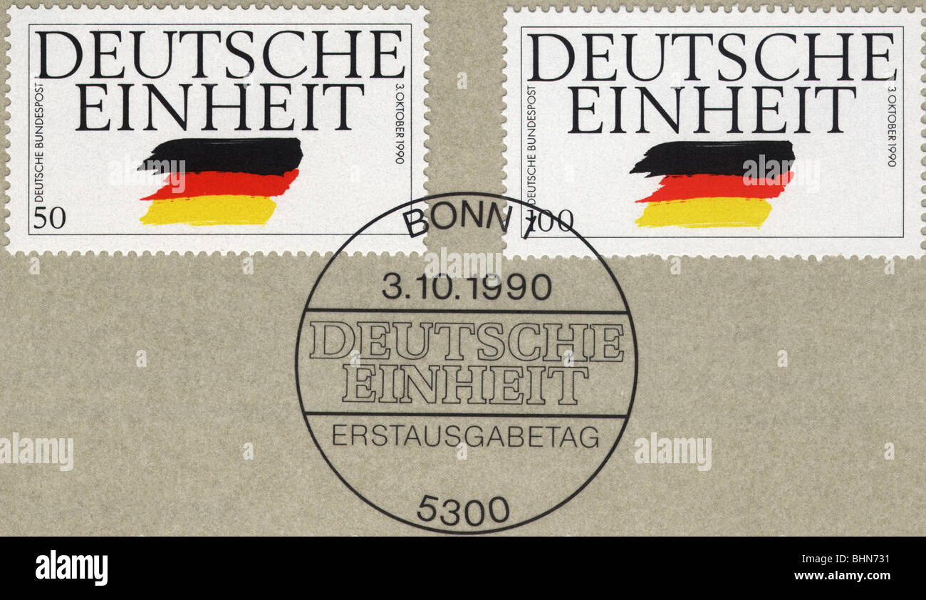 Posta / posta, francobolli, Germania, Deutsche Bundespost (ufficio postale  federale tedesco), 50 e 100 Pfennig francobollo speciale «Deutsche Einheit»  (unità tedesca), con timbro postale, disegno di Paul Effert Foto stock -  Alamy