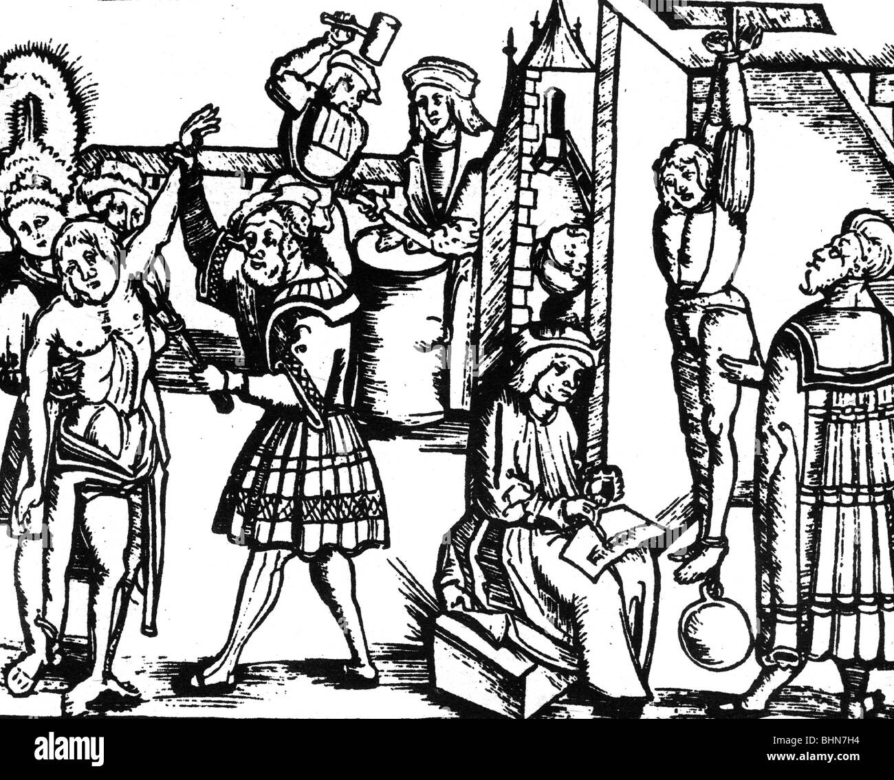 Giustizia, tortura, questioni dolorose, legno di "Neuer Leyenspiegel" di Tengler, Strasburgo, 1514, Foto Stock
