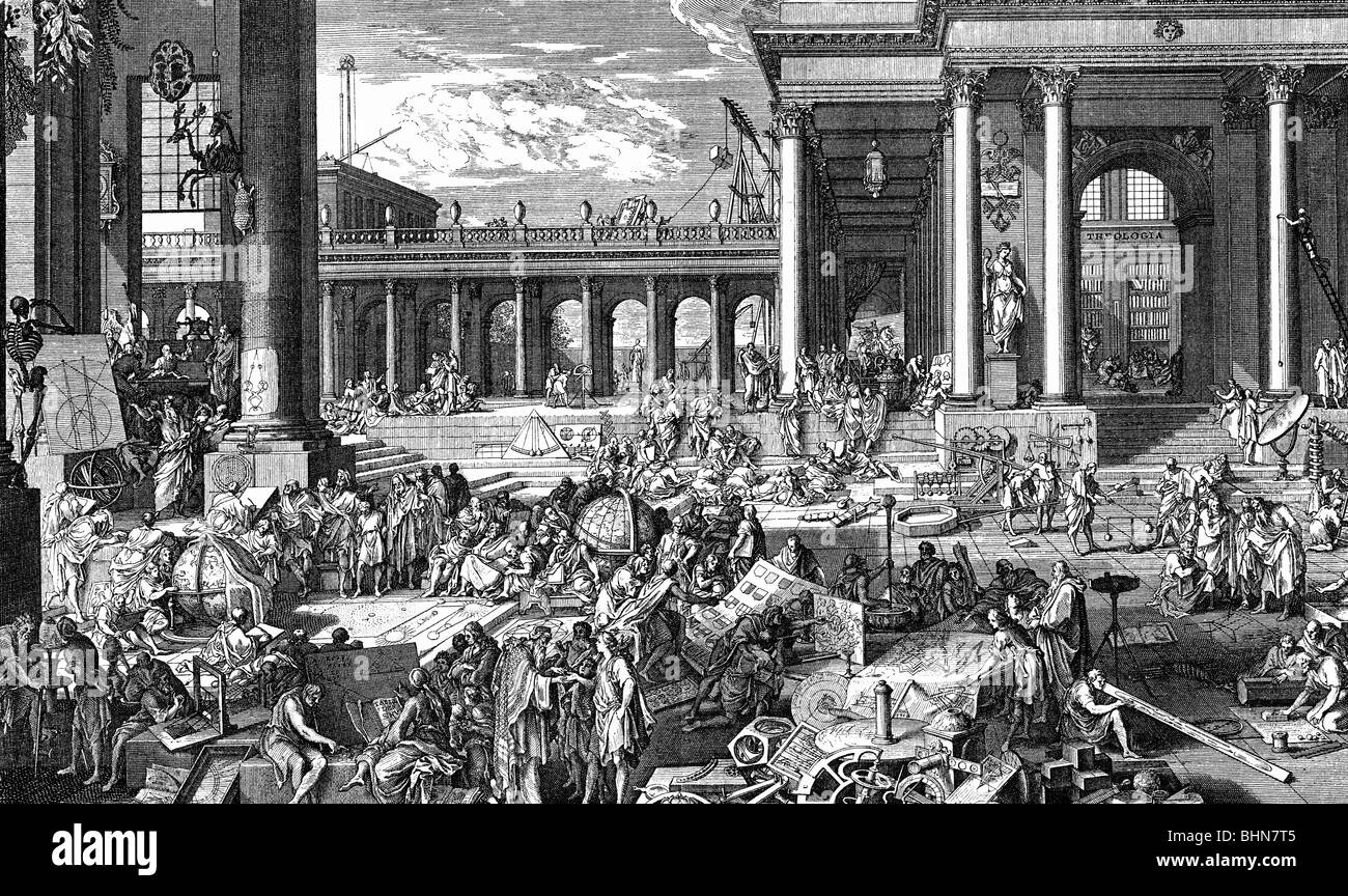 Scienza, accademie, Academie francaise (Accademia francese), incisione in rame di Sebastian Leclerc (1637 - 1714), Francia, allegoria, Luigi XIV, scienziati, studiosi, scienze, istruzione, pedagogia, paedagogia, artisti, 17th secolo, storico, storico, persone, Foto Stock