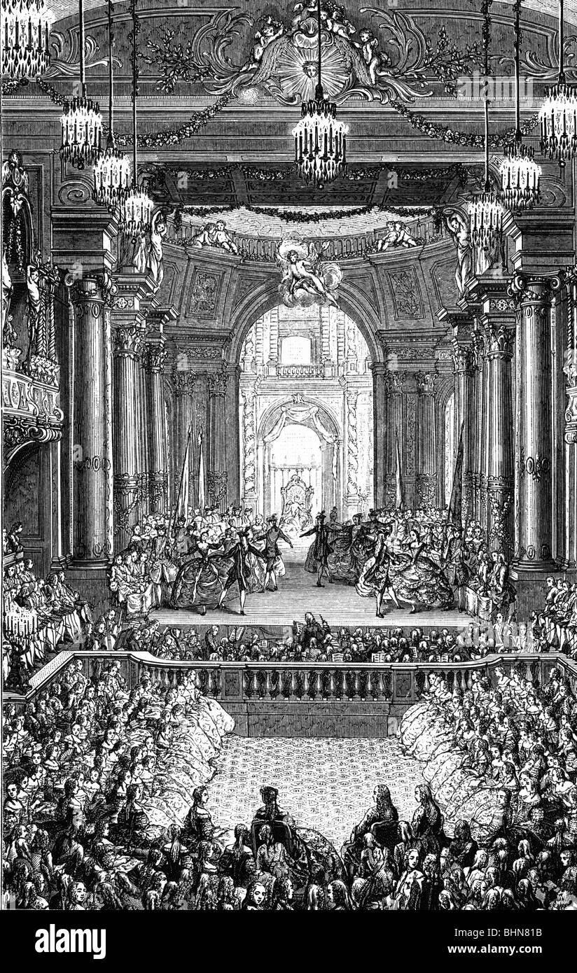 Festa, palle e società, palla reale, rappresentazione della principessa di Navarra a Versailles, incisione contemporanea di rame, Francia, 18th secolo, storico, storico, palla, castello, teatro, orchestra, musica, celebrazione, società di corte, Casa di Borbone, popolo, Foto Stock