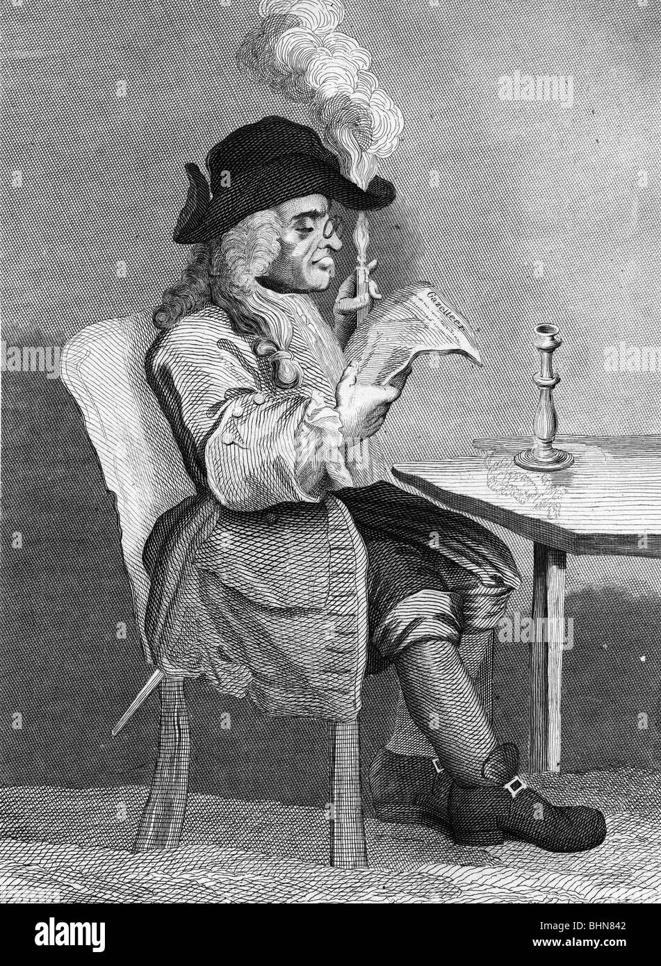 Geografia / viaggio, Gran Bretagna, politica, politico, caricatura di William Hogarth, sparare il suo cappello con una candela, incendiare il suo cappello, 18th secolo, storico, storico, giornale, lettura, bicchieri, pince-nez, candelabro, candelieri, satira, gente, caricature, britannico, Foto Stock