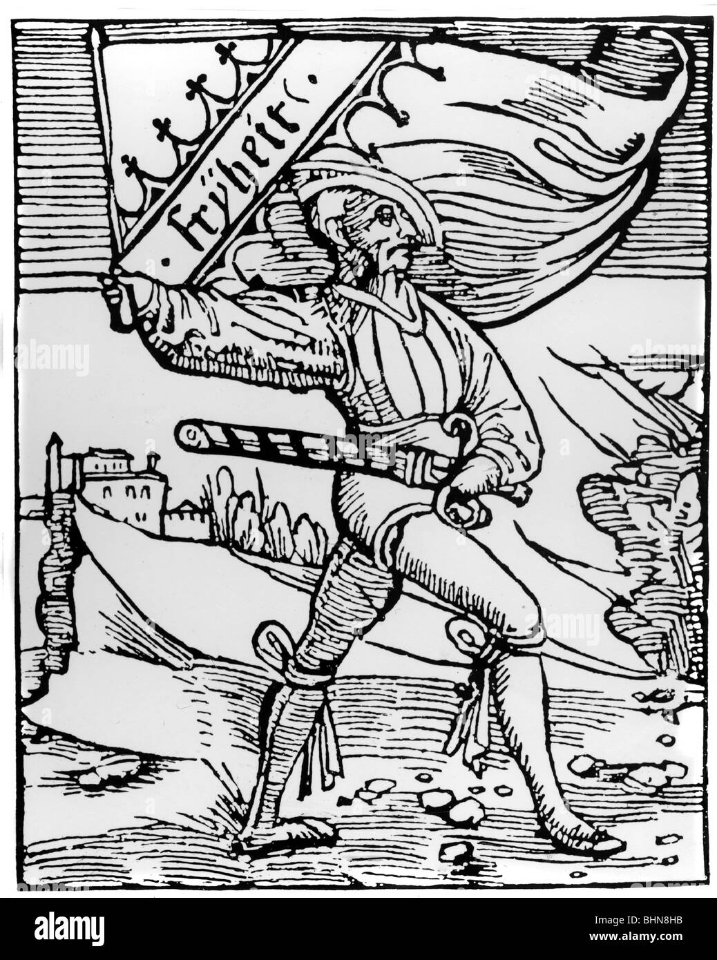 Eventi, guerra Dei Contadini tedeschi 1524 - 1526, portacolori dell'esercito contadino, bandiera con lo slogan 'libertà', legno contemporaneo, Foto Stock