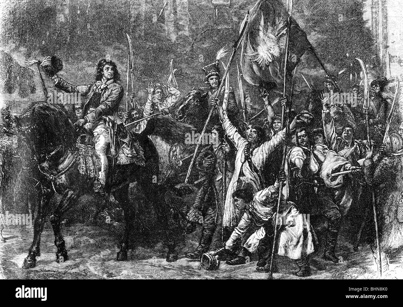 Kosciuszko, Tadeusz, 12.2.1746 - 15.10.1817, generale polacco, a metà lunghezza, dopo la vittoria sui russi a Raclawice, 4.4.1794, incisione del legno dopo la pittura di Jan Matejko (1838 - 1893), Foto Stock