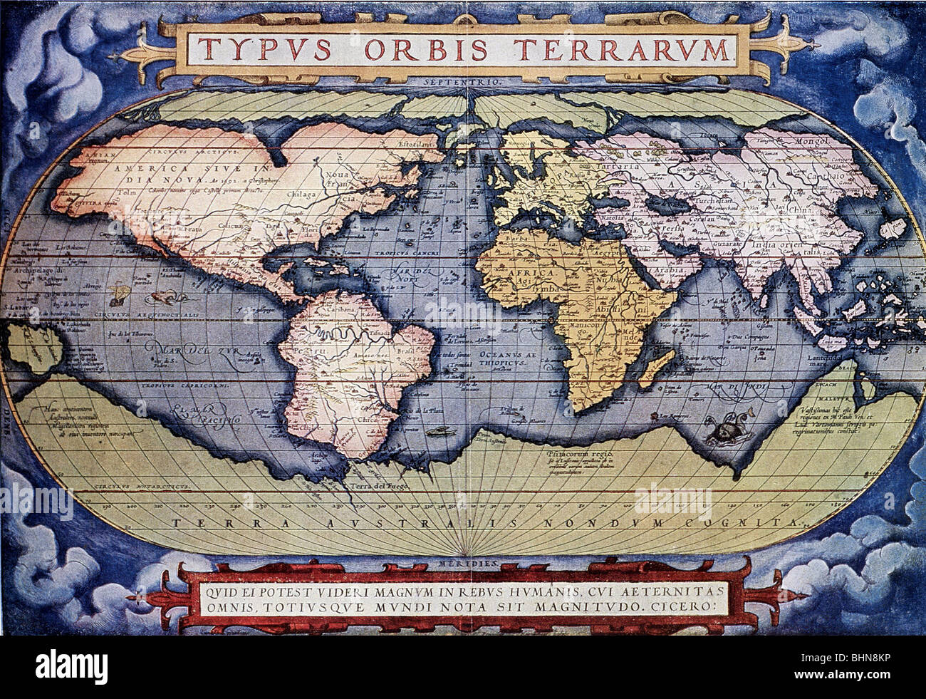 Cartografia, mappe del mondo, 'Typus orbus terrarum' di Abraham Ortelius, 1571, stampa a colori, , Foto Stock
