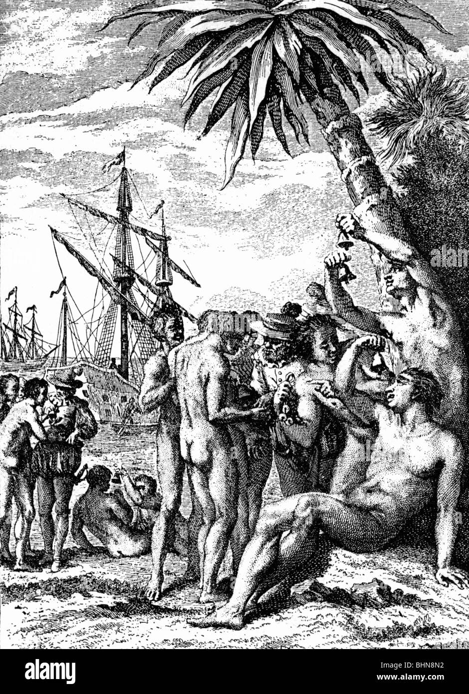 Geografia / viaggio, Sud America, primo incontro dello spagnolo con la gente autoctona, dopo l'immagine contemporanea di 'Storia Generale Del Viaggio in acqua e terra', 1755, Foto Stock