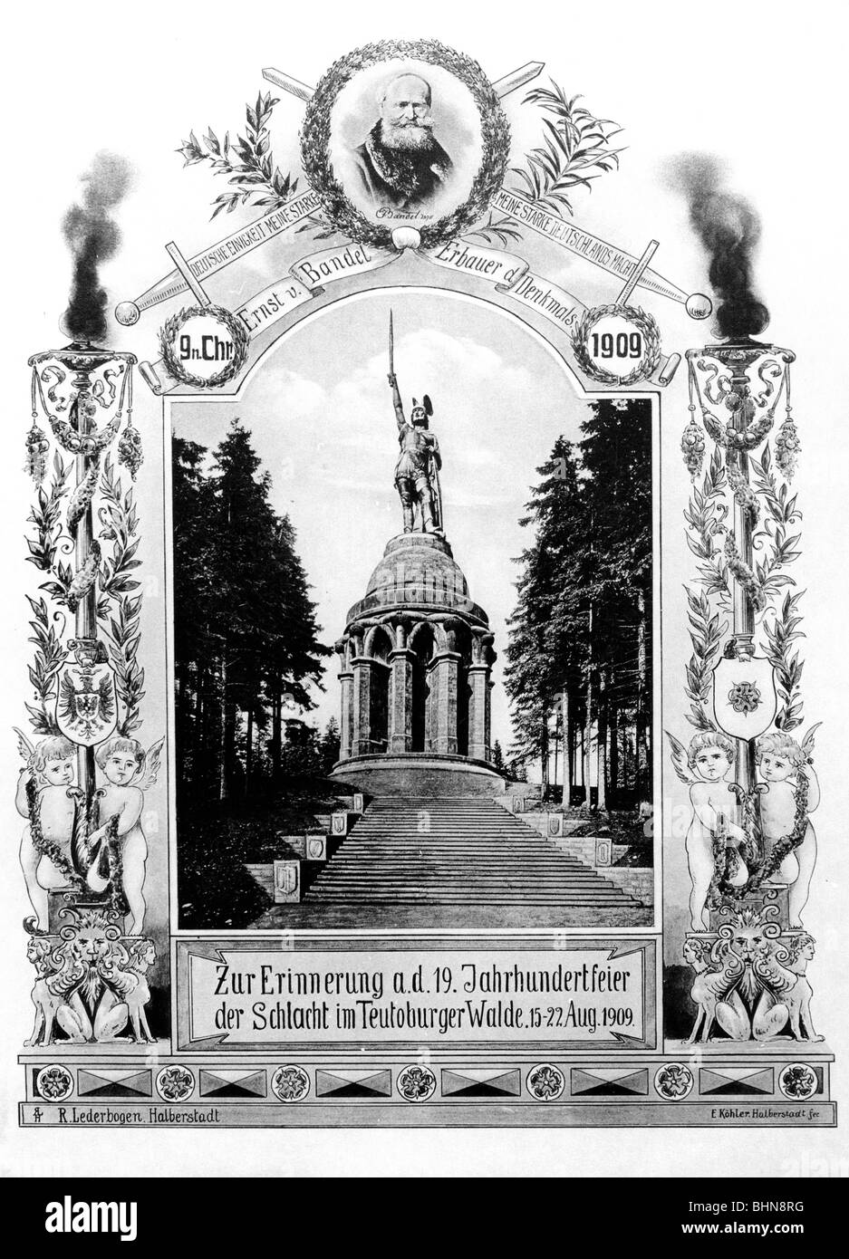 Bandel, Ernst von, 17.5.1800 - 25.9.1876, artista tedesco (scultore), suo Hermannsdenkmal (Monumento Hermann), foglio di decorazione per memoriale della battaglia della Foresta di Teutoburg, 1909, Foto Stock