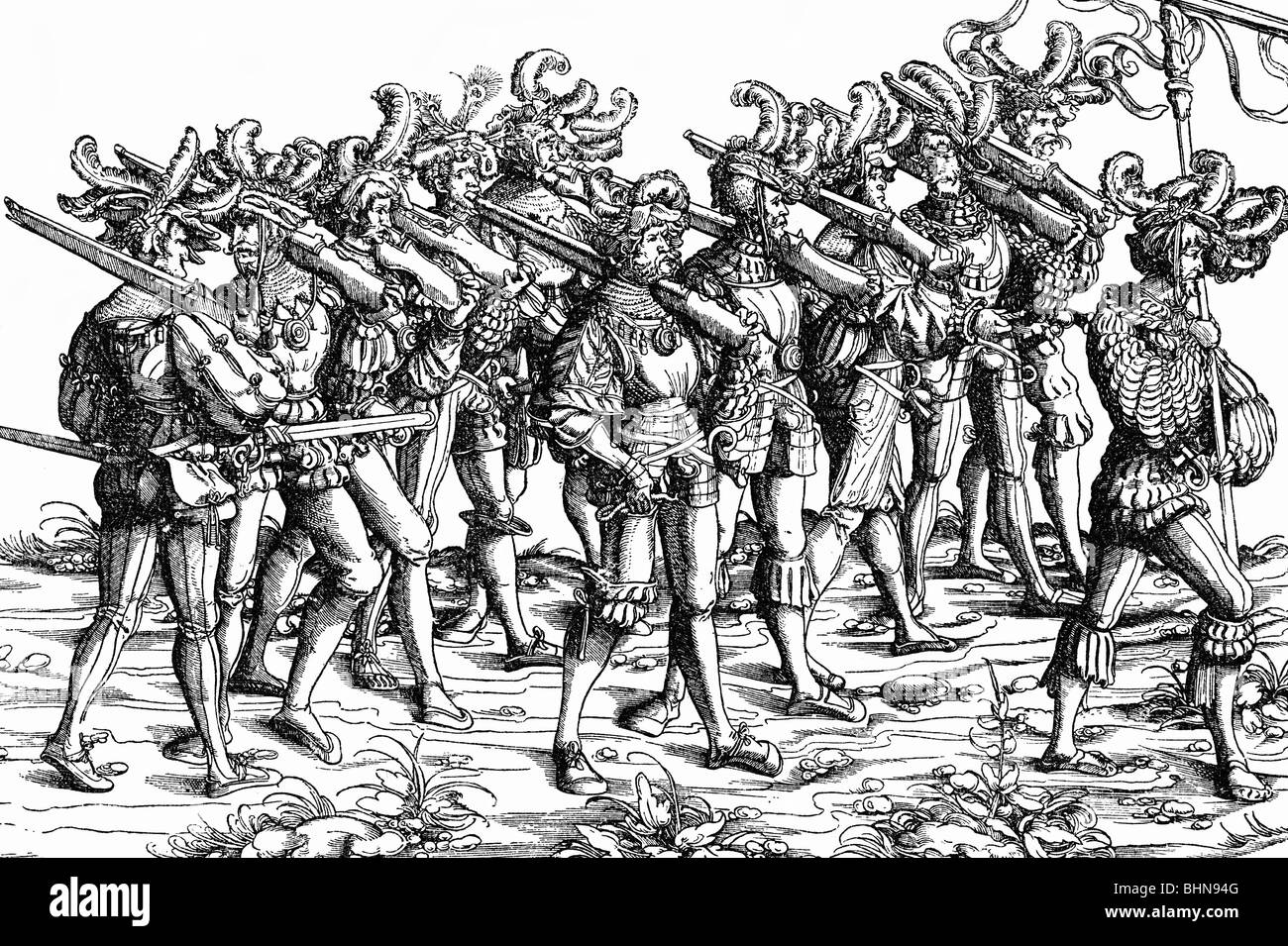 Militari, landsknechts, arquebusiers il marzo, in legno di Hans Burgkmair (1473 - 1531) per il 'Trionfo di Massimiliano', Foto Stock