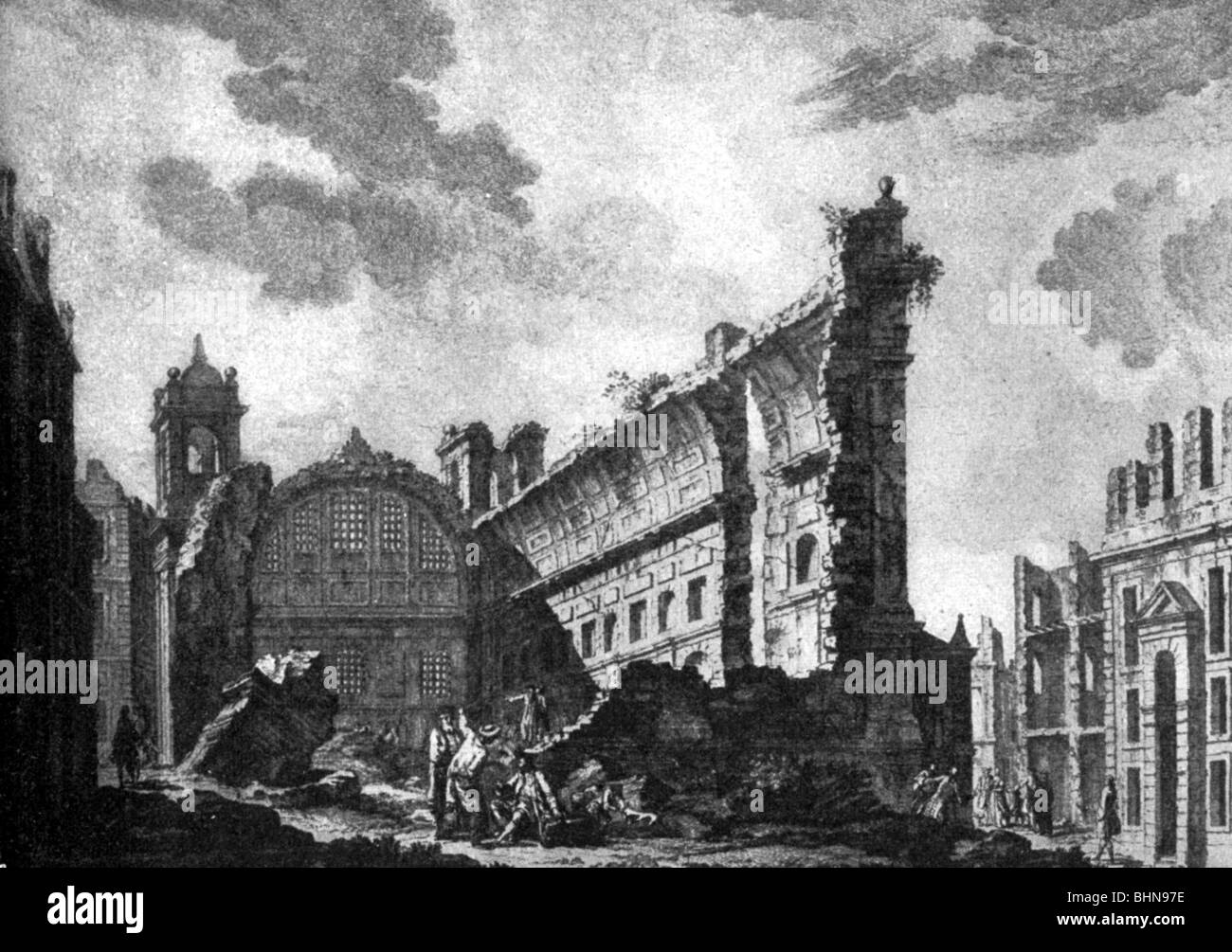 Disastri, terremoti, Lisbona, 1.11.1755, rovina di una chiesa, dopo incisione di rame, 1756, storico, storico, 18th secolo, disastro naturale, calamità naturali, Portogallo, distruzione, distrutto, edificio, edifici, rovine, persone, Foto Stock