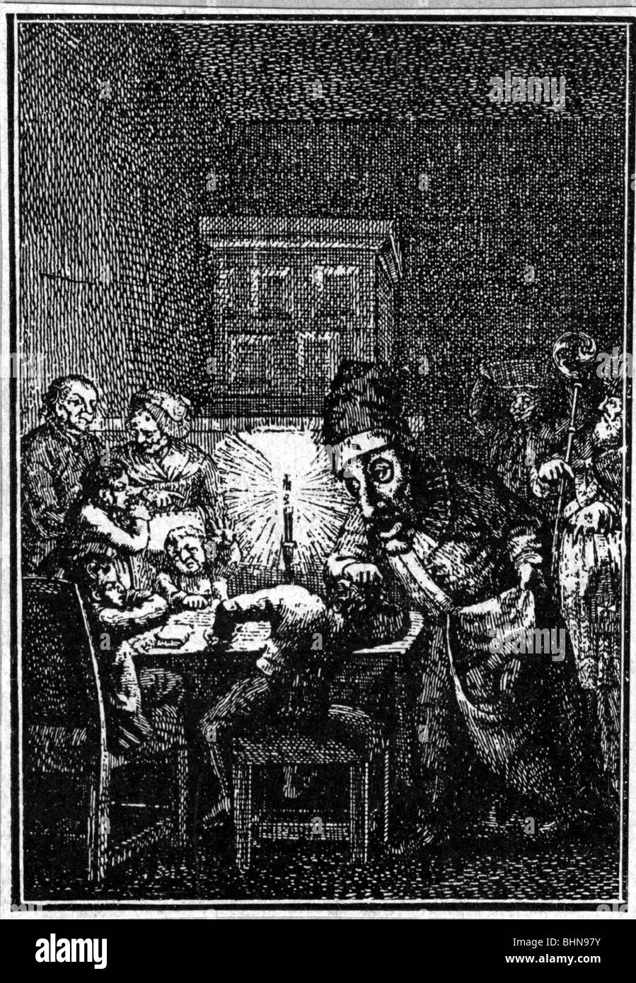 Festa, Natale, Babbo Natale, San Nicola e il suo compagno Knecht Ruprecht, dopo l'incisione del rame, 18th secolo, storico, storico, fright, spaventato, orrore, Krampus, paura, punizione, Rupprecht, punizione, bambini cattivi, bambini, Krampus, persone, Foto Stock