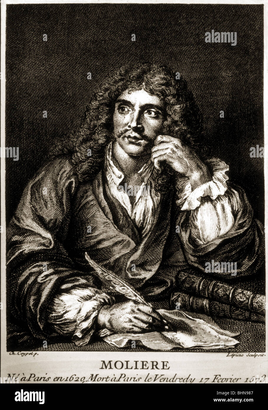 Moliere (Jean Baptiste Poquelin), 15.1.1622 - 17.2.1673, autore francese / scrittore, attore, direttore del teatro, a mezza lunghezza e incisione su rame da Lepiac, dopo la verniciatura da Charles Antoine Coypel, XVIII secolo , artista del diritto d'autore non deve essere cancellata Foto Stock