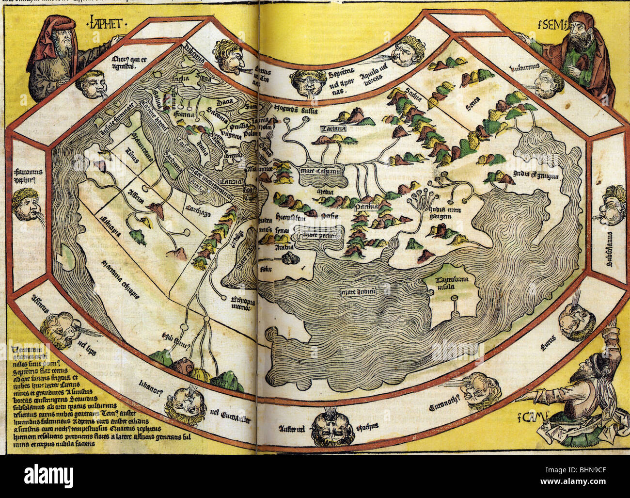 Cartografia, mappe mondo colorato xilografia da Michael Wohlgemut o Wilhelm Pleydenwurff, "cronaca" di Hartmann Schedel, Norimberga, 1493, , artista del diritto d'autore non deve essere cancellata Foto Stock