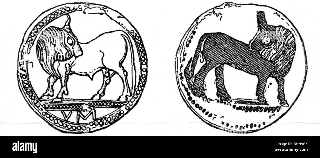 Denaro / finanza, monete, mondo antico, stater da Sybaris, 550/530 - 510 a.C., argento, coniato su un solo lato, testa e retro, incisione del legno, 19th secolo, storico, storico, colonia greca, colonie, Italia, Magna Grecia, mintage, moneta, monete, Toro, toro, animale, clipping, cut-out, cut-out, cut-out, numismatica, mondo antico, mondo antico Foto Stock