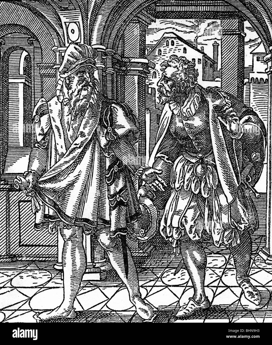 Commercio, commercianti, due commercianti in conversazione, woodcut da Jost Amman, più tardi 16th secolo, storico, storico, commerciante, mercanti, professione, gente, uomini, uomo, Rinascimento, moda, a tutta lunghezza, maschio, Foto Stock