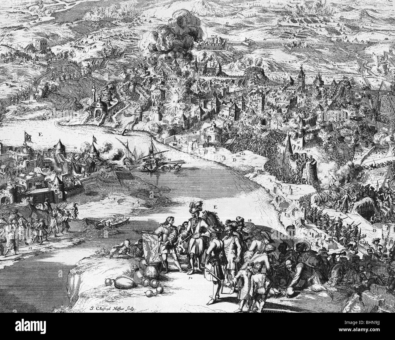 Eventi, Grande Guerra Turca 1683 - 1699, Assedio di Ofen (Buda) 1684 - 1686, contemporanea incisione di rame di J. Christian Haffner, truppe imperiali sotto Carlo V, Duca di Lorena, caduta della città il 2.9.1686, militare, soldati, Impero Ottomano, Turchi, artiglieria, armi, urlatura, bombardamento, gomshire, attacco, Austria, Ungheria, Budapest Guerra, comandante, piano di posizione, fiume, Danubio, nave da guerra, galley, fortezza, emplement, dubbio, ufficiali, Pikeman, pikemen, moschettieri, moschettiere, attacco, 17th secolo, storico, storico, persone, Foto Stock