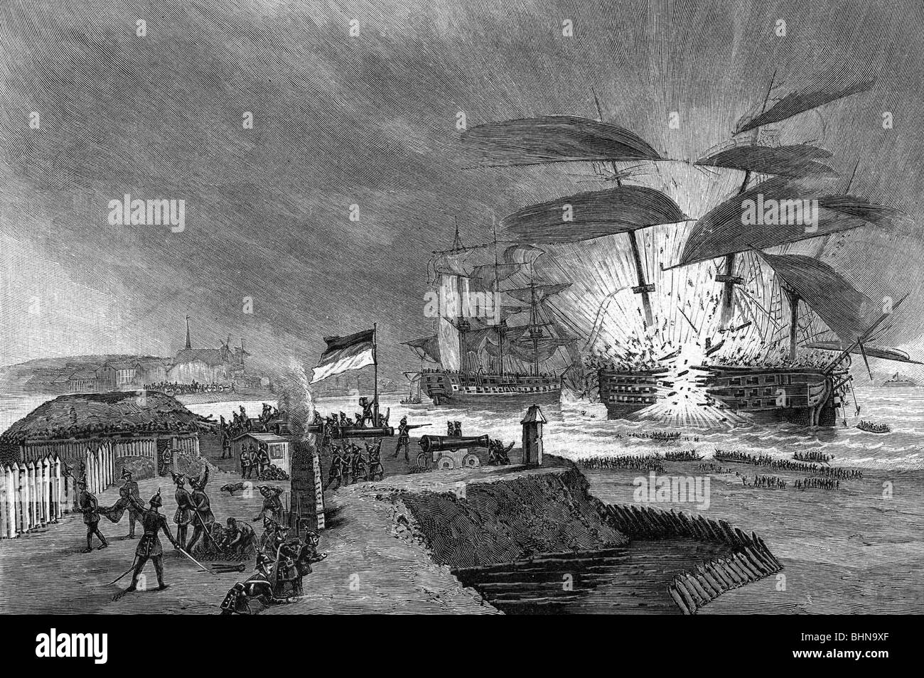 Eventi, Prima guerra dello Schleswig 1448 - 1851, battaglia navale di Eckernfoerde, 5.4.1849, esplosione della nave da guerra danese 'Christian VIII', incisione del legno dopo litografia contemporanea di Wilhelm Heuer, 19th secolo, Foto Stock