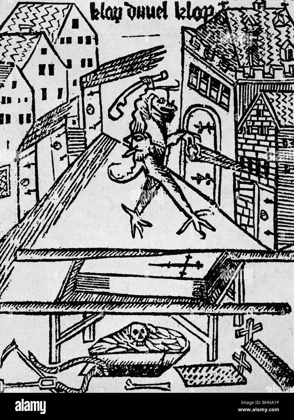 Medicina, malattia pandemica, peste, diavolo peste, legno tagliato, pagina del titolo dal 'Libro Della Peste di Colonia', 1508, , Foto Stock