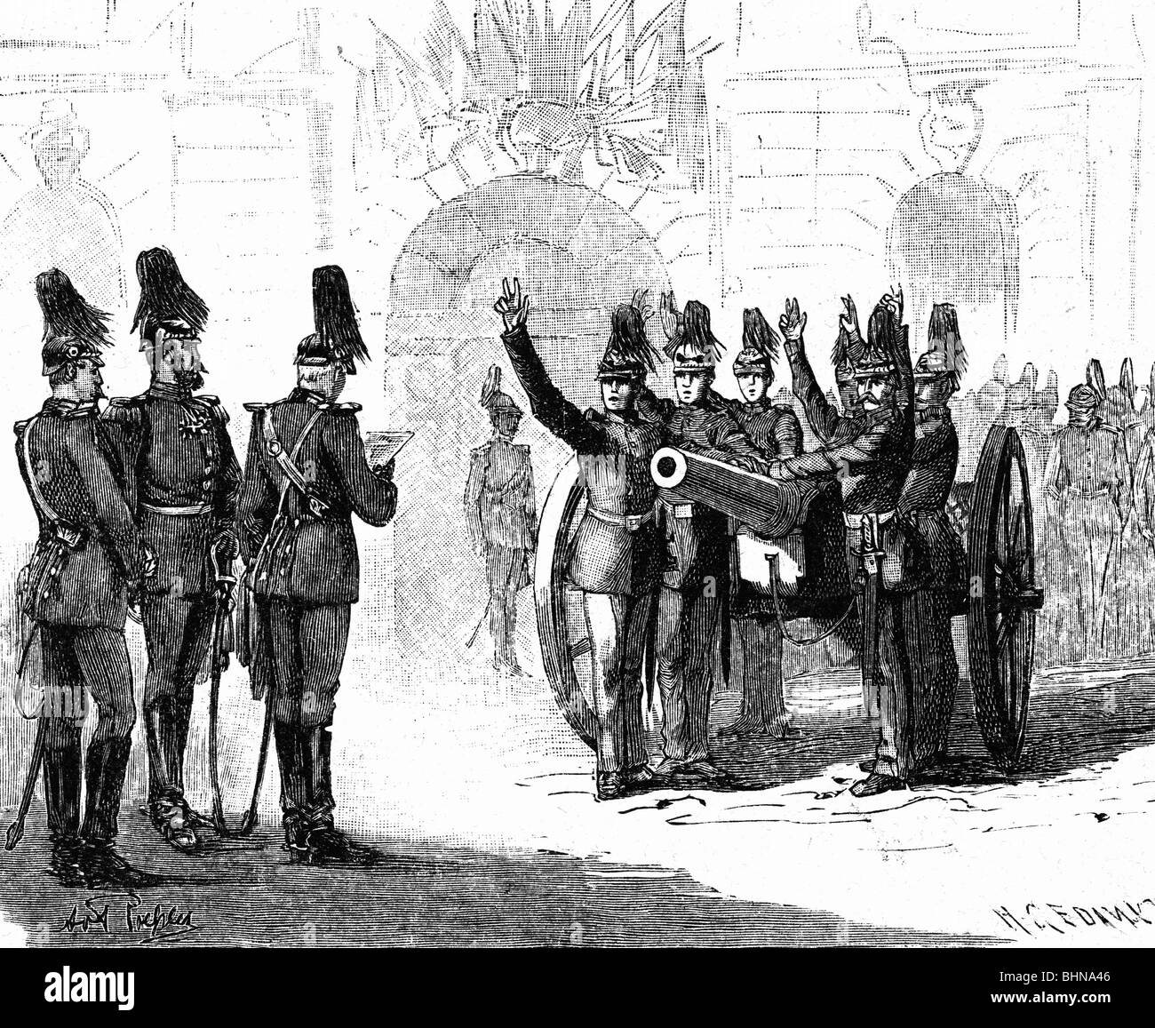 Militari, Germania, artillerymen giurano di fedeltà, all'armeria di Berlino, 1888, Foto Stock