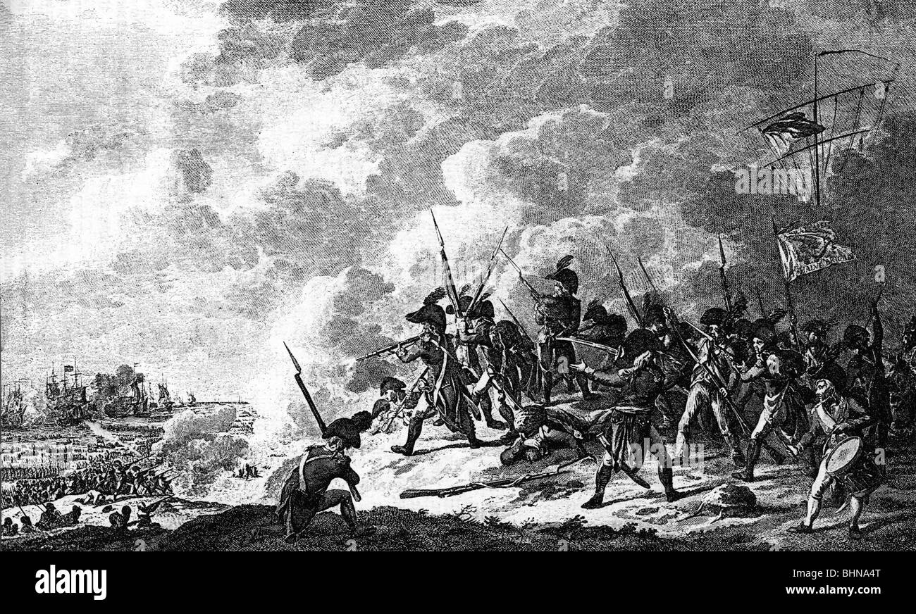 Evants, Guerra della Seconda Coalizione 1799 - 1802, invasione dell'Olanda, sbarco delle truppe britanniche vicino a Callantskoog, 27.8.1799, incisione di rame di C. Brouwer dopo disegno di J. A. Langendyk, 1799, Guerre rivoluzionarie francesi, Netherland, Repubblica Bataviana, fanteria olandese, battaglia, operazione anfibia, 18th secolo, storico, popolo, popolo, Foto Stock